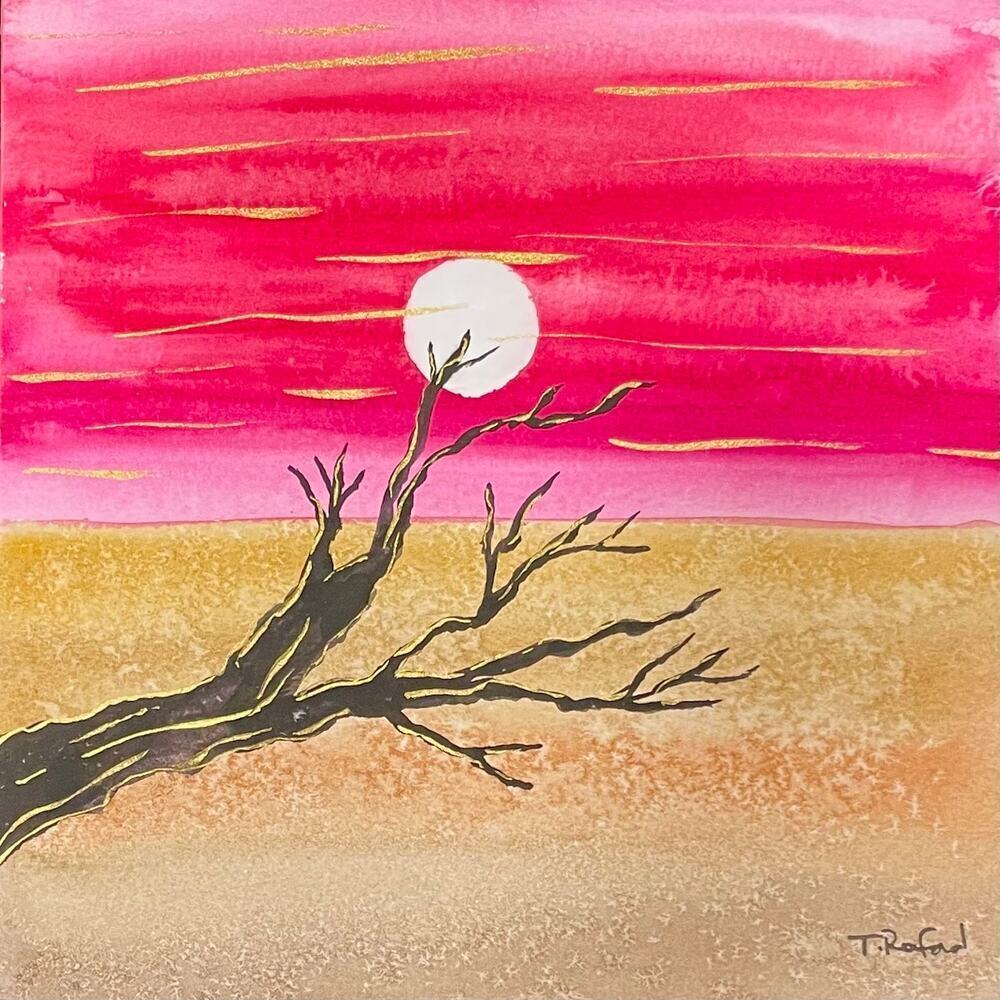 Hand painted watercolor original painting moon tree pink sky gold